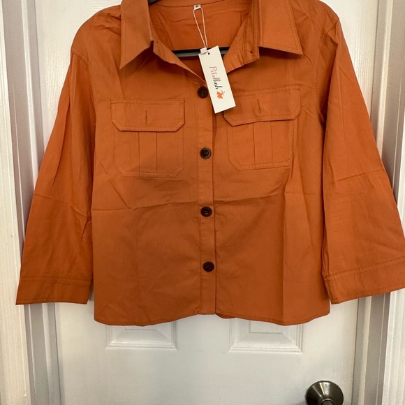 NWT PetalLush Sz M 3/4 sleeve button up shirt front pockets pumpkin colored - Picture 3 of 6